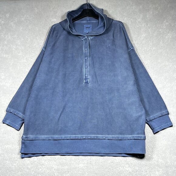 AERIE Sweatshirt Womens Size XL Slate Blue Button Henley Cotton Hoodie - Picture 1 of 11